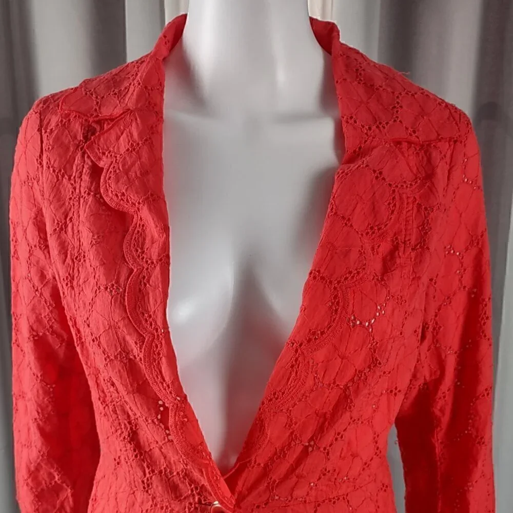 Leslie Stuart Women's 100% Cotton Coral Eyelet Floral Cotton Scallop Jacket Sz 6 - Picture 2 of 12